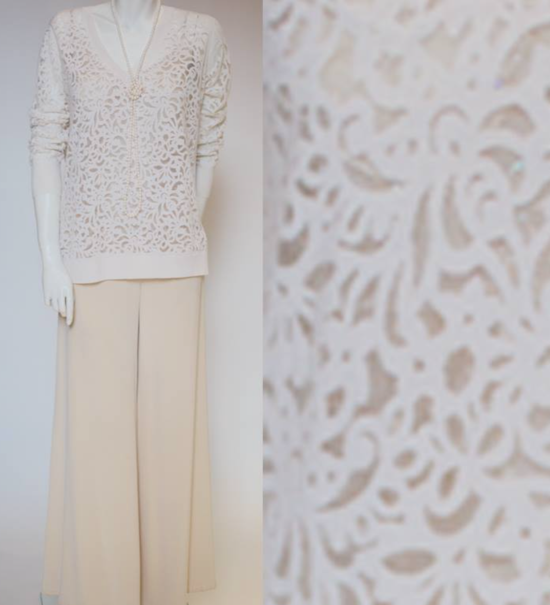 Mannequin wearing a white cashmere cut out top and beige pants 
