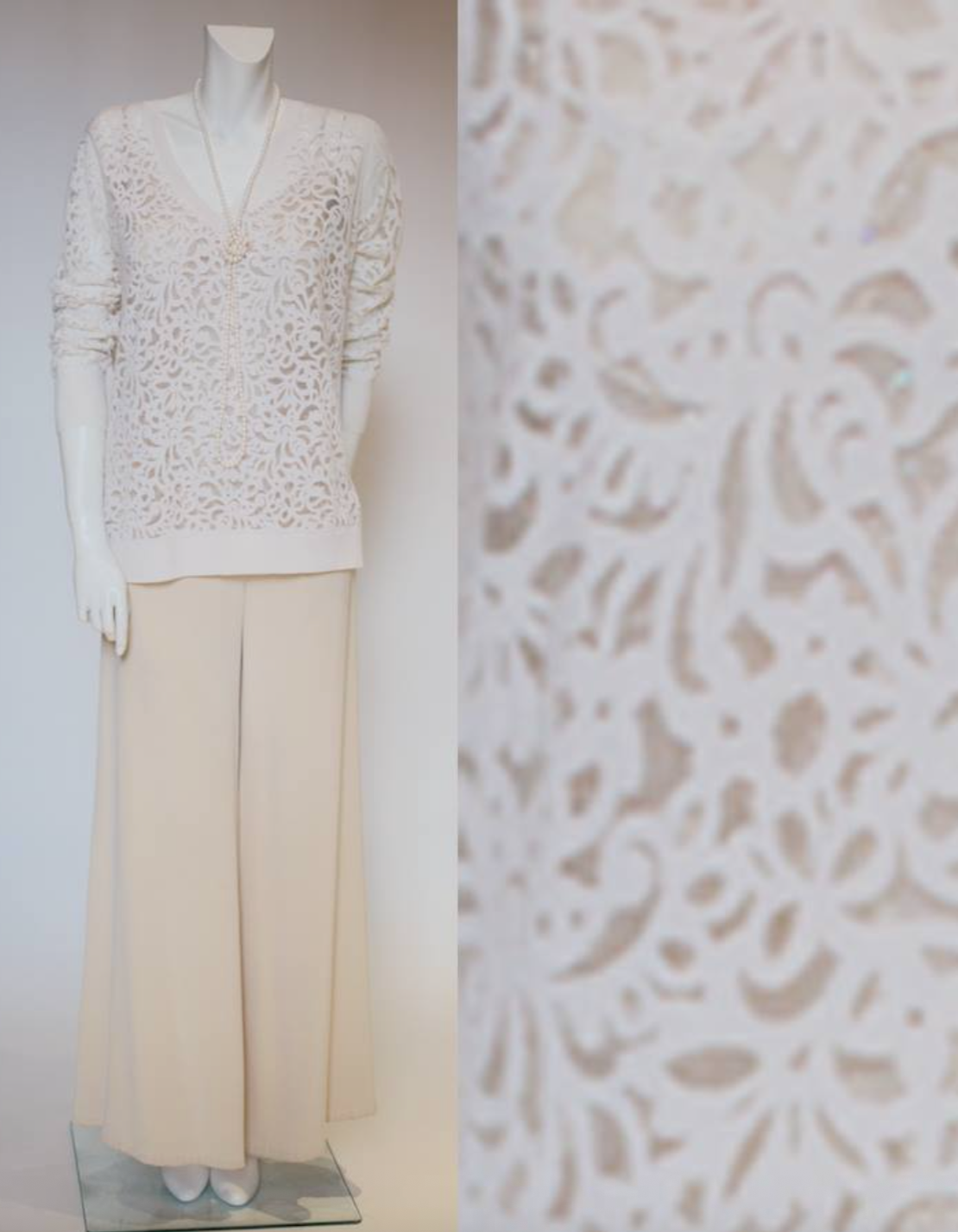 Mannequin wearing a white cashmere cut out top and beige pants 
