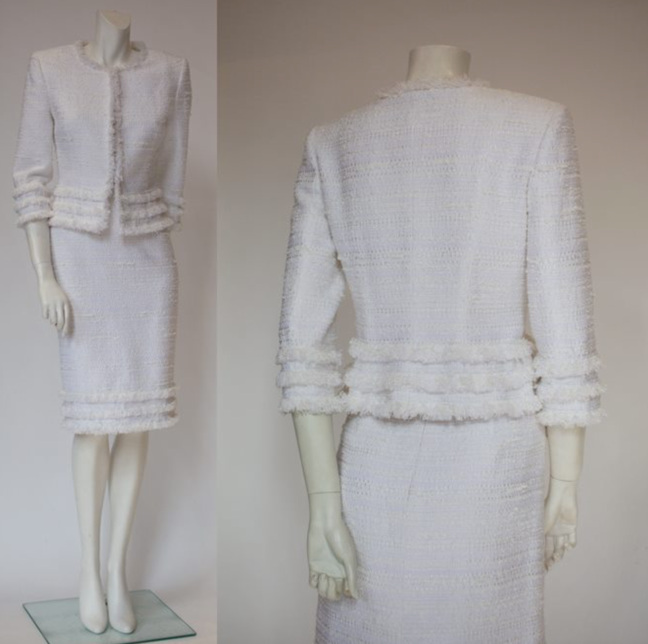 Off white tweed jacket and pencil skirt shown on mannequin