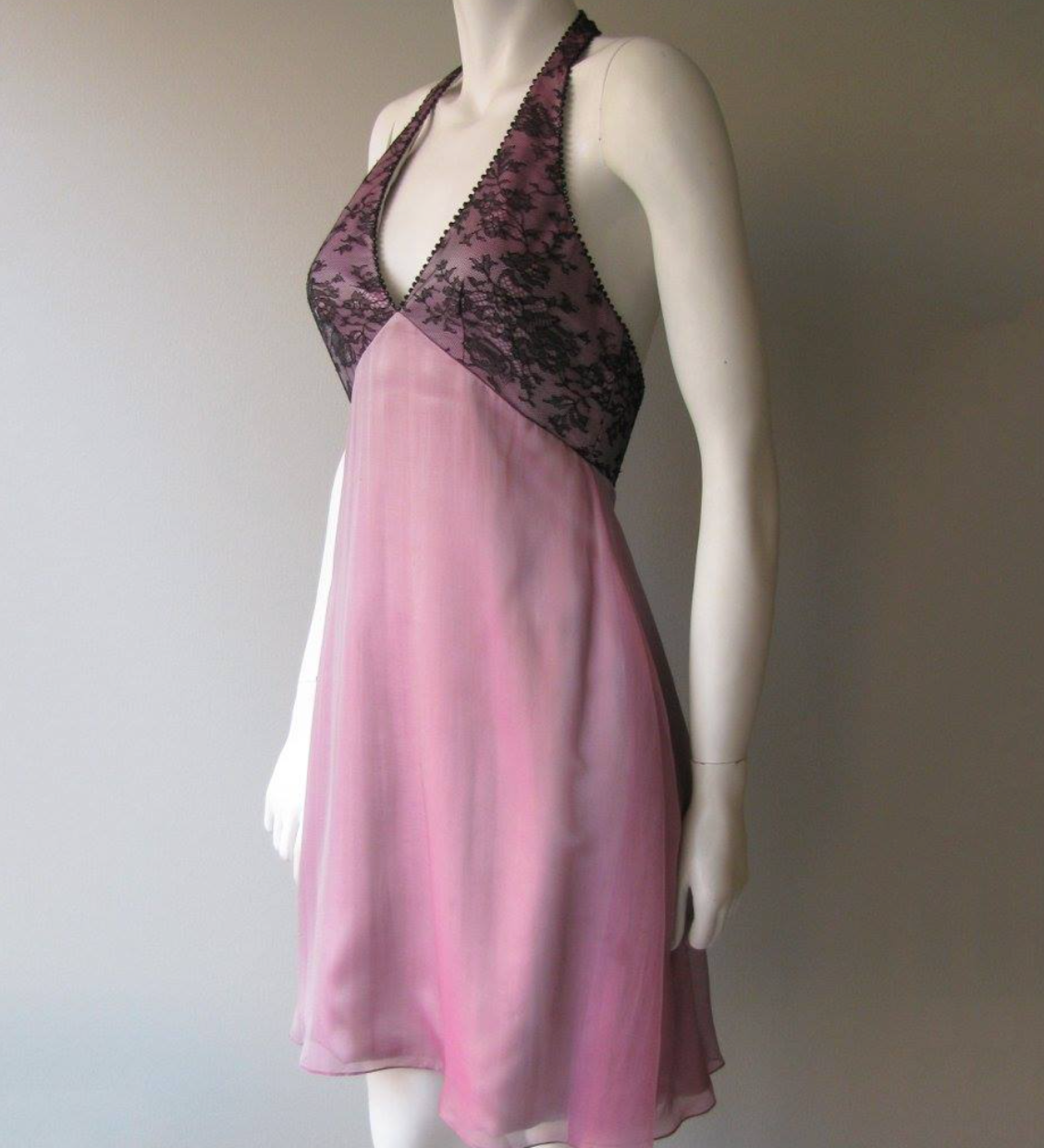 Halter neck pink silk chiffon & black Chantilly lace dress
