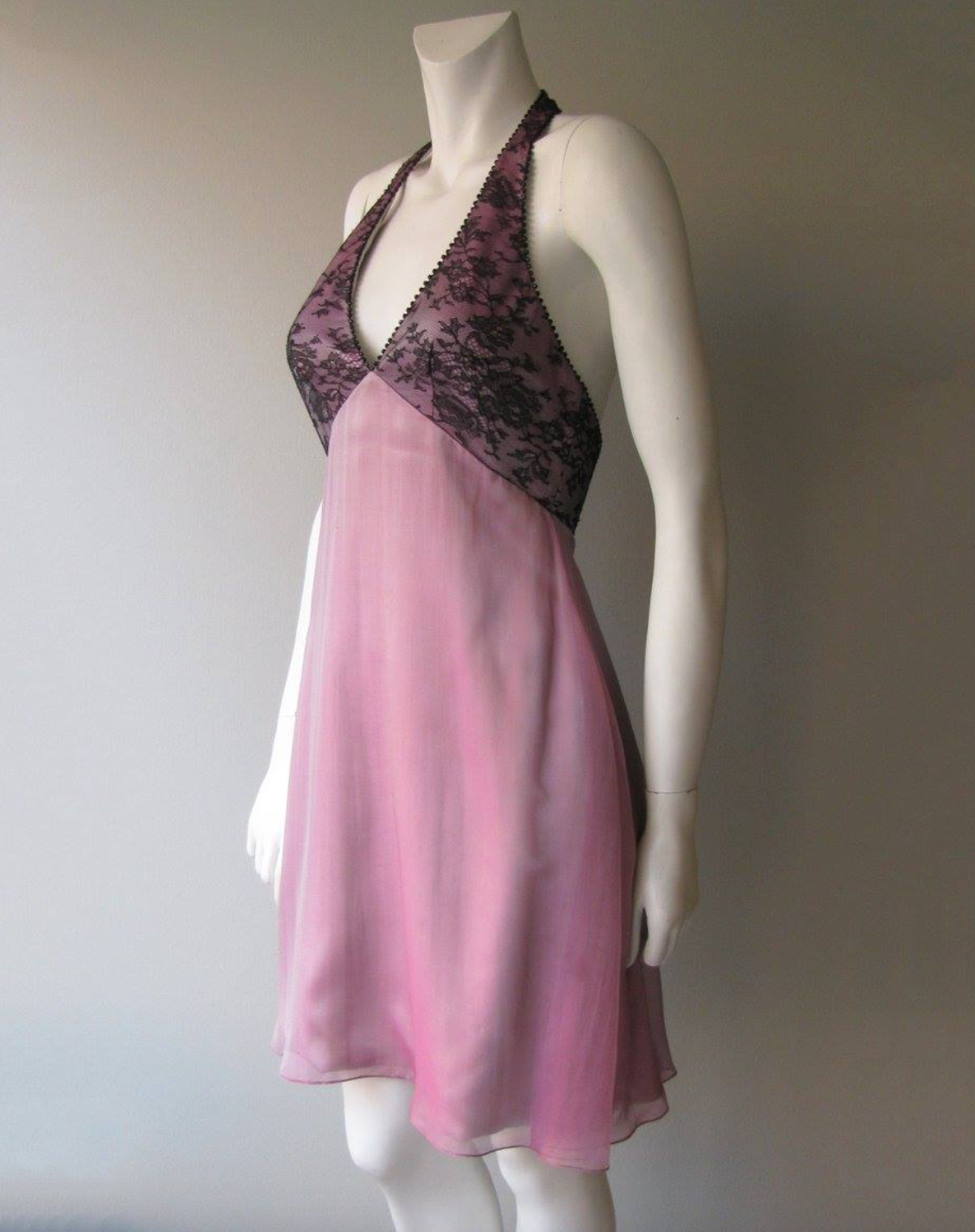 Halter neck pink silk chiffon & black Chantilly lace dress