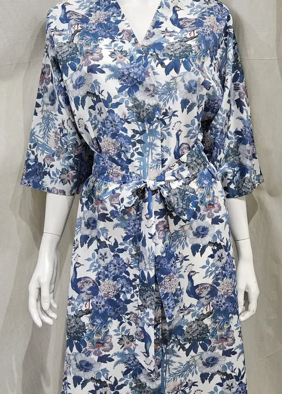 liberty print camberwell peacock blue long kimono