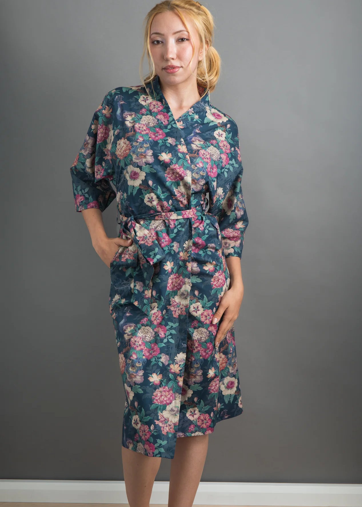 liberty print camberwell peacock pink long kimono