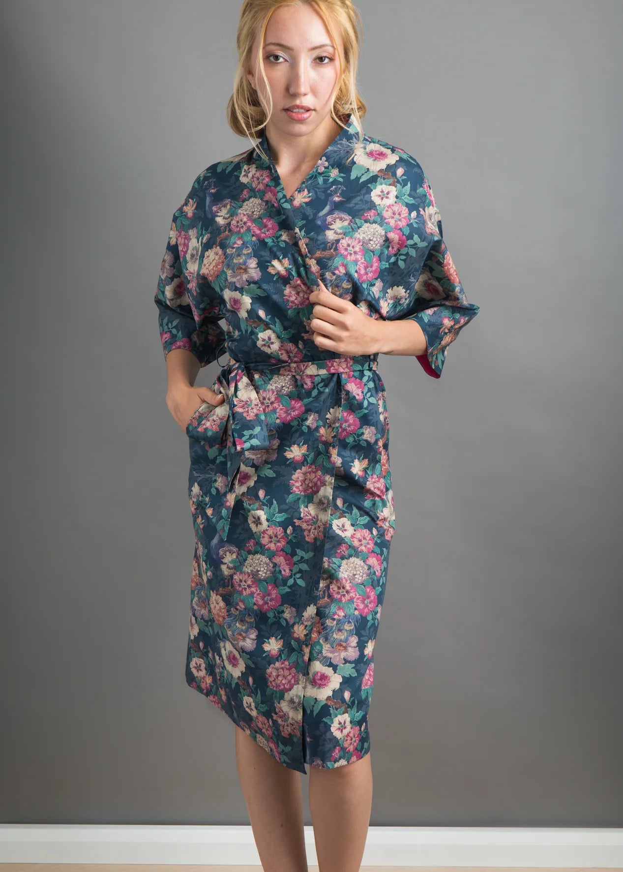 liberty print camberwell peacock pink long kimono