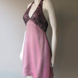 pink silk chiffron and black chantilly lace dress 