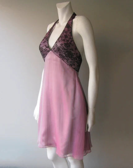 pink silk chiffron and black chantilly lace dress 